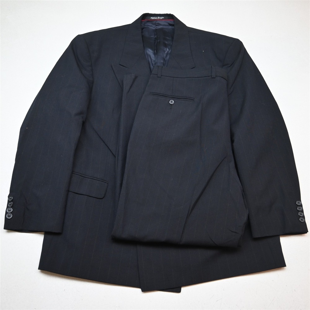 Vtg Mens Double Breasted 46R 38x30 Navy Blue Chalk Striped Jacket Pants Suit